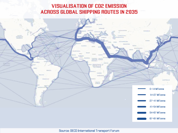 Visualization of CO2 emission across global shipping routes in 2035