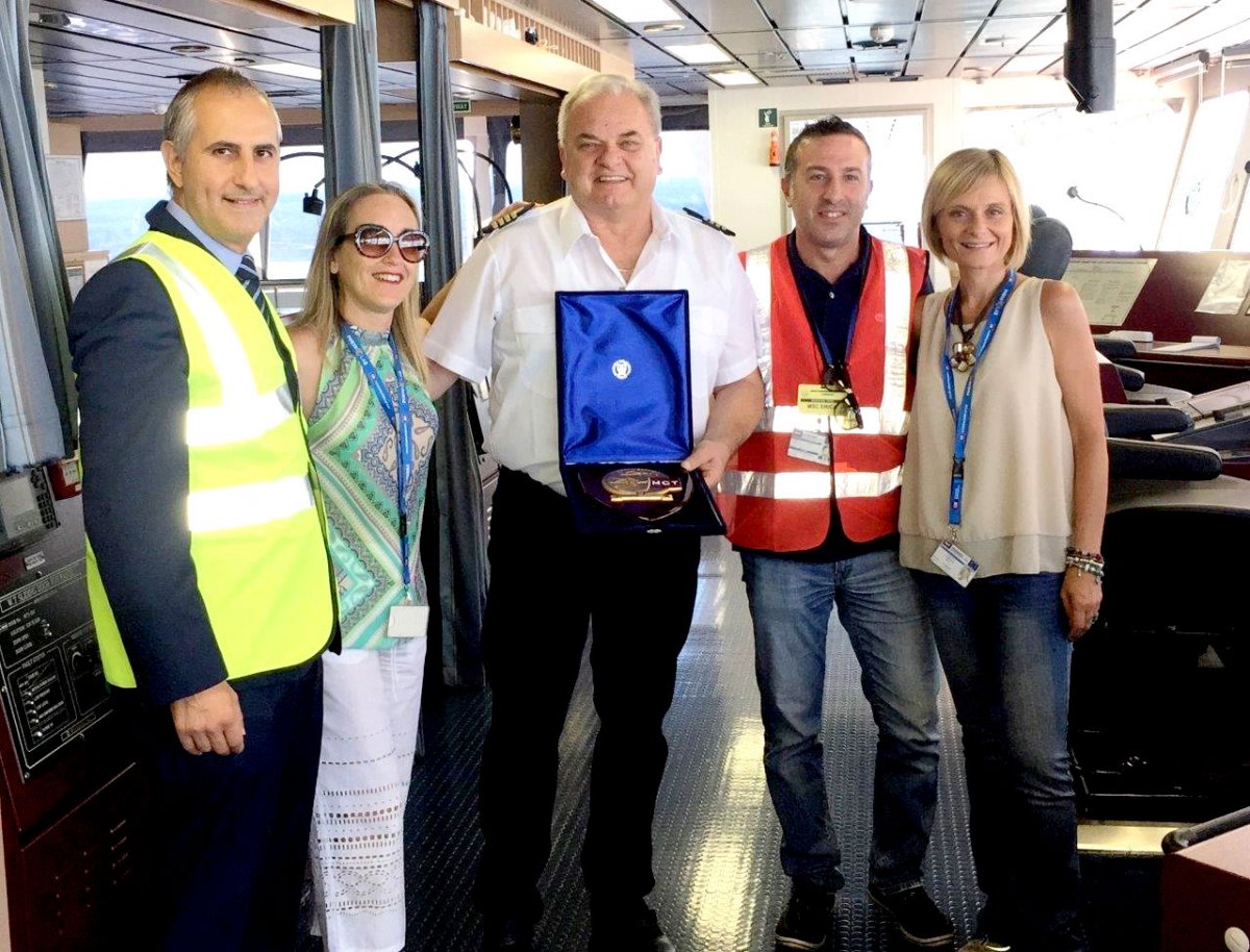 Capt. Petar Stambulic (MSC Erica Master) and left to right is Mr. Giuseppe Polimeni (Le Navi Agency), Ms. Maria Rosa Lombardo (MCT), Mr. Ivan Lombardo (Le Navi Agency) and Ms. Francesca Fiordaliso (MCT)