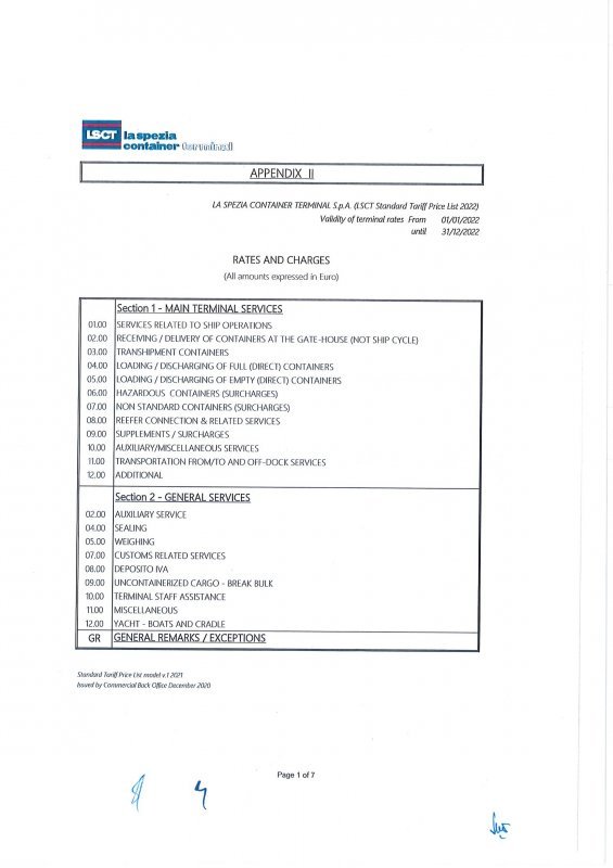 LSCT Standard Tariff Price List 2022