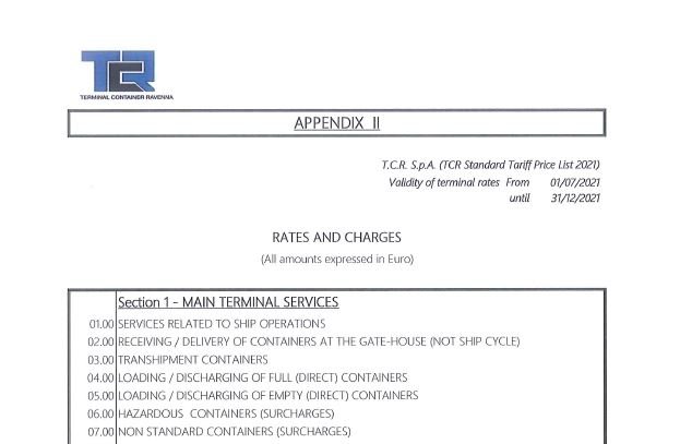 TCR Standard Tariff Price List 2021- July Update