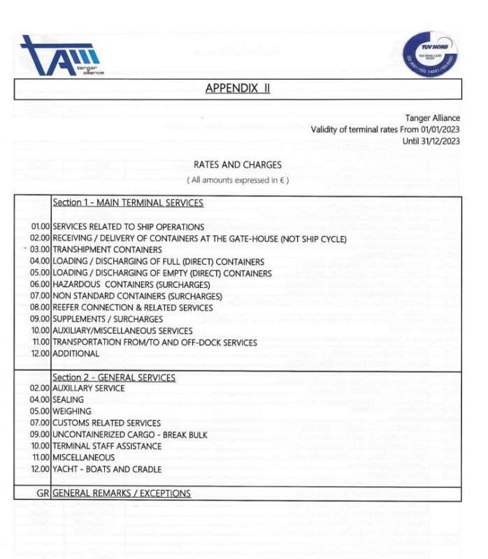 TAT Standard Tariff Price List 2023