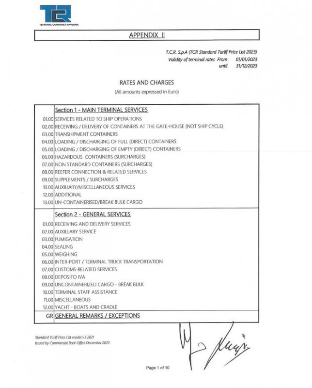 TCR Standard Tariff Price List 2023