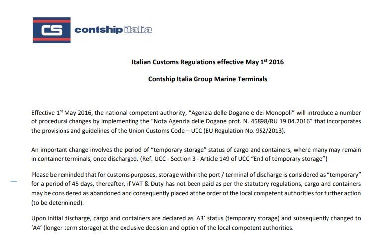 Italian Customs Regulations Info - May 2016