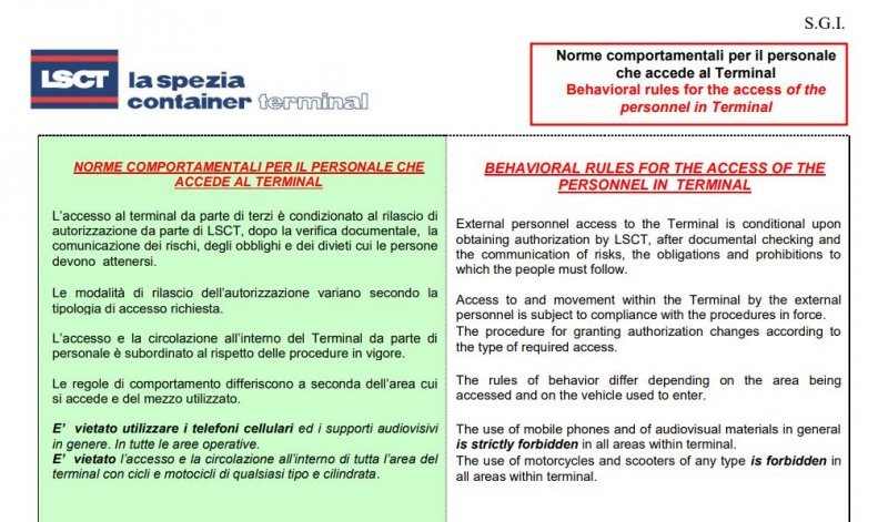 LSCT Tabella 23 B Norme comportamentali per il personale che accede al Terminal