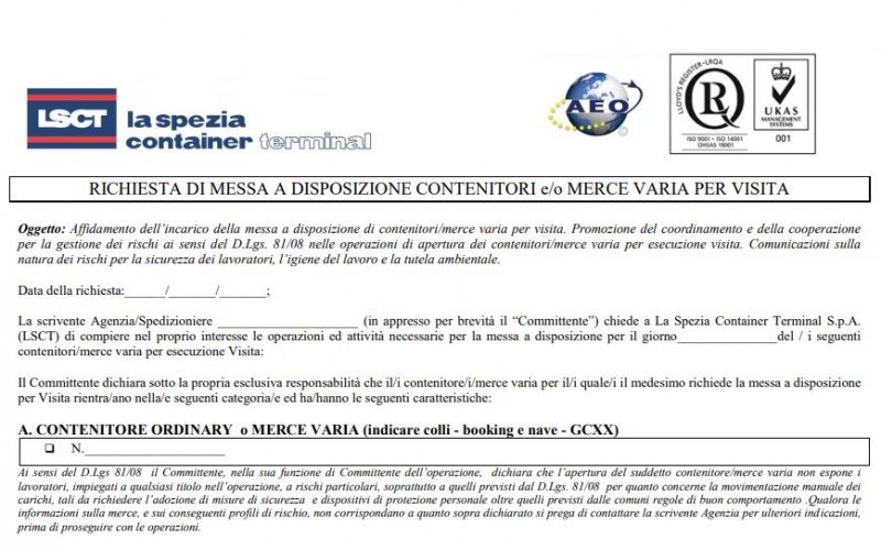 LSCT Richiesta di Messa a Disposizione Contenitori Merce Varia per Visita