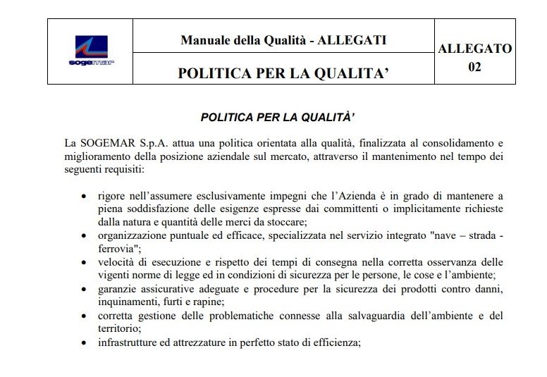 Sogemar - Politica del Sistema di Gestione per la Qualità (ITA)