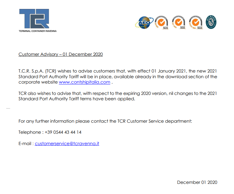 TCR Customer Advisory – Standard Public Tariff 2021